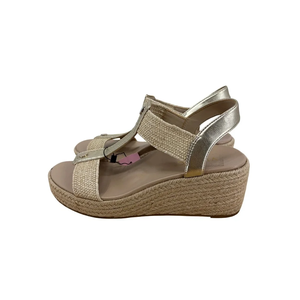 Vionic‎ Gold Metallic Raffia Wedge Sandals T-Strap Espadrille Platform Shoes